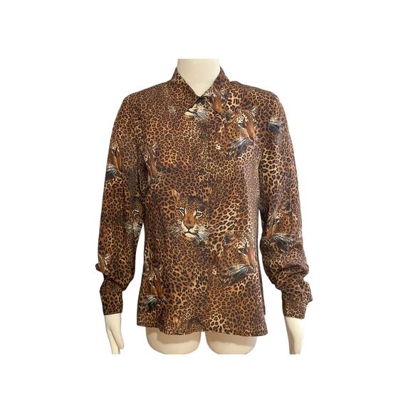 1980s GIANNI Big Cat Leopard Head & Print Rayon Long Sleeve Button Blouse Sz 12 - Picture 8 of 8